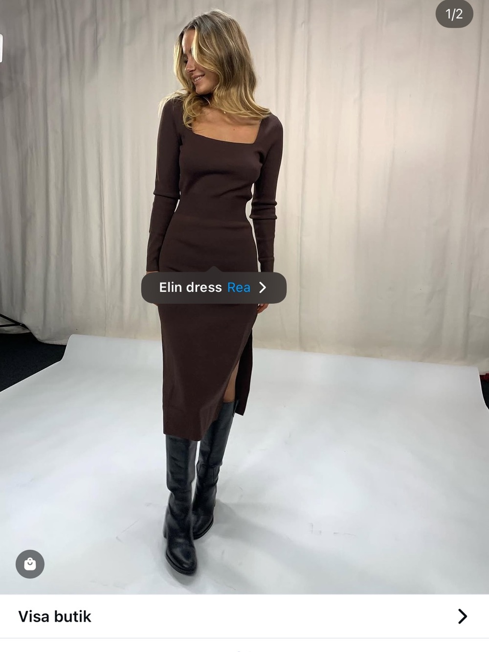 Elin Long-Sleeve Square-Neck Midi Dress in Dark Brown